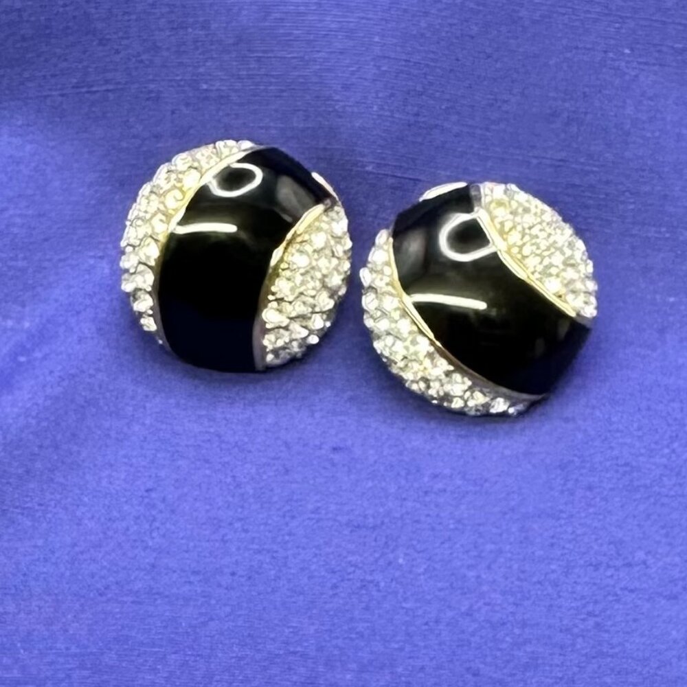 Pierre Lang Large Round Black & Gold Crystal Clip-On Earrings